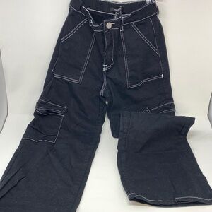 Forever 21 Black Wideleg Cargo Pants with White Stitching